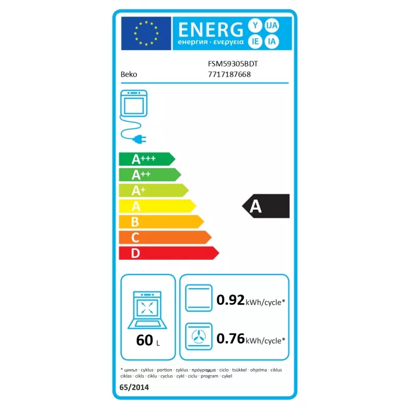 Placa de inducción con horno eléctrico Beko FSM59305BDT, 60 L, 50 cm de ancho, negro, clase de eficiencia energética A, inducción con 4 zonas Boost