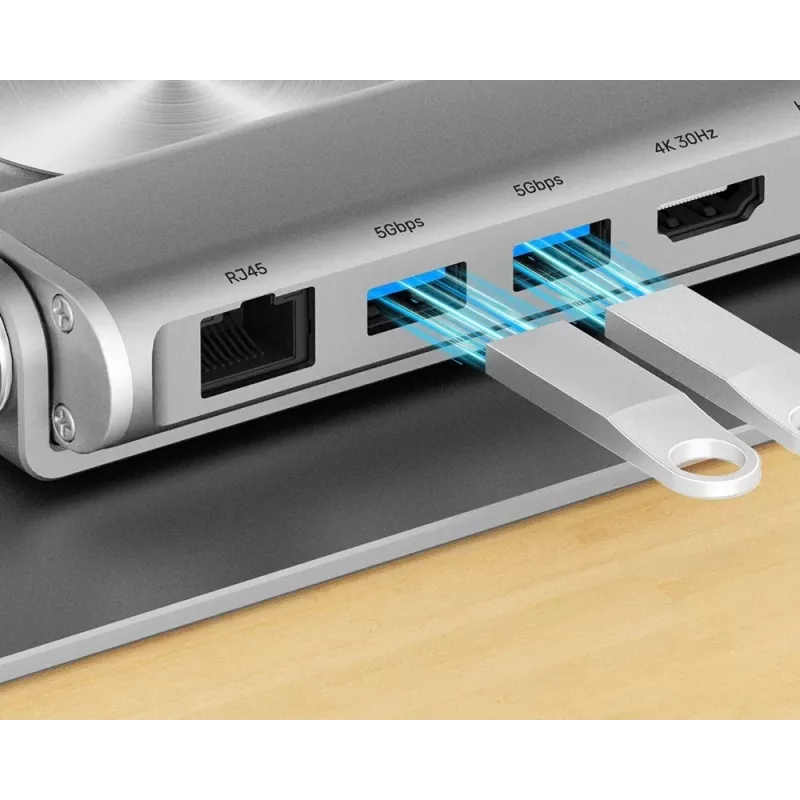 Soporte para portátil Unitek D1109B01 — soporte ajustable de aluminio con USB-C HDMI 4K PD 100W extraíble, 2x USB-A, RJ-45, para hasta 17