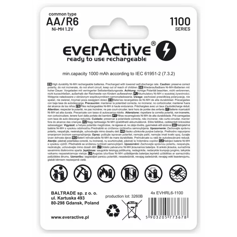 Pilas recargables NiMH everActive EVHRL6-1100 1,2 V 1100 mAh — 4 uds., cilíndricas