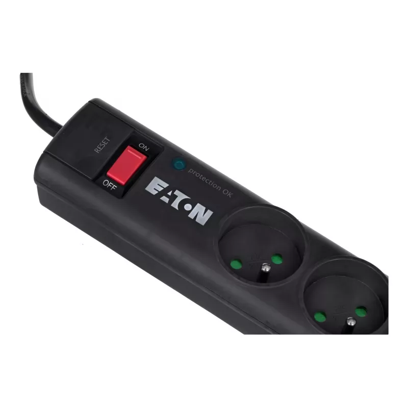 Eaton Protection Strip 6 FR PS6F regleta con protección contra sobretensiones, 6 tomas tipo E, 10 A, 220-250 V, 2500 W, cable de 1,5 m, interruptor, negra