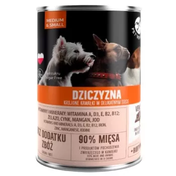 Comida húmeda para perros lata PetRepublic para perros medianos/pequeños, 400 g — trozos en salsa con caza