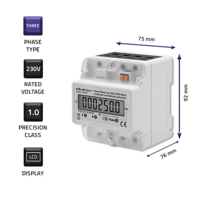 Medidor de energía electrónico trifásico QOLTEC 50900 400V LCD 4P