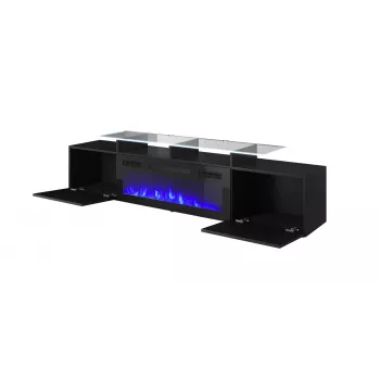 Mueble TV Cama Meble ROVA con chimenea eléctrica, 190x37x48 cm, negro/negro brillante