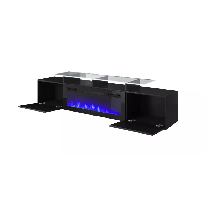 Mueble TV Cama Meble ROVA con chimenea eléctrica, 190x37x48 cm, negro/negro brillante
