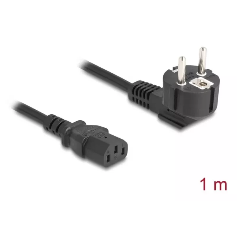 Cable de alimentación DELOCK CEE 7/7 (E+F) a IEC C13 en ángulo de 90°, 1 m, H05VV-F 3x1,00 mm², negro