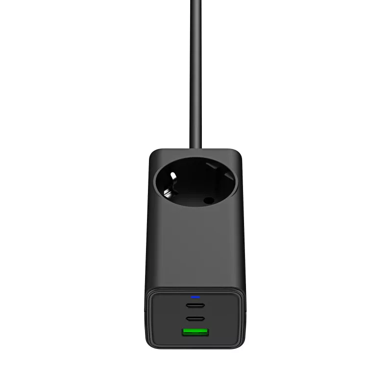 Akyga AK-CH-21 Cargador USB GaN 65 W, 2 x USB-C + USB-A, con regleta, 1,5 m, negro