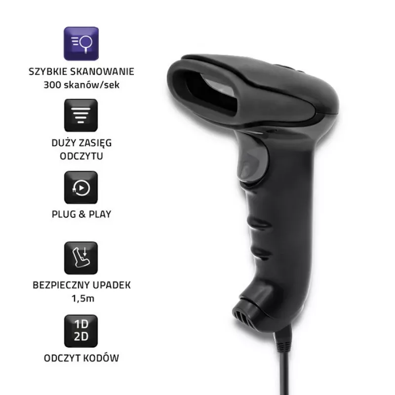 Lector de códigos de barras de mano QOLTEC 50868 — escáner láser 1D/2D, USB con cable e inalámbrico, distancia de trabajo 600 mm, negro