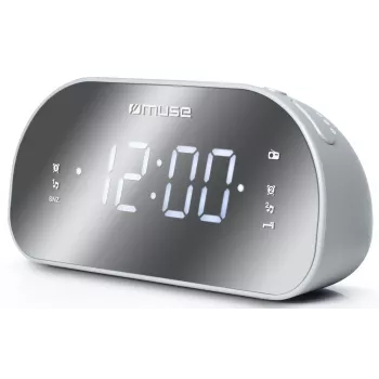 Radio reloj Muse M-170CMR — radio reloj digital, pantalla LED de 1,2 pulgadas, FM, AC 230V, respaldo AAA, espejo/blanco