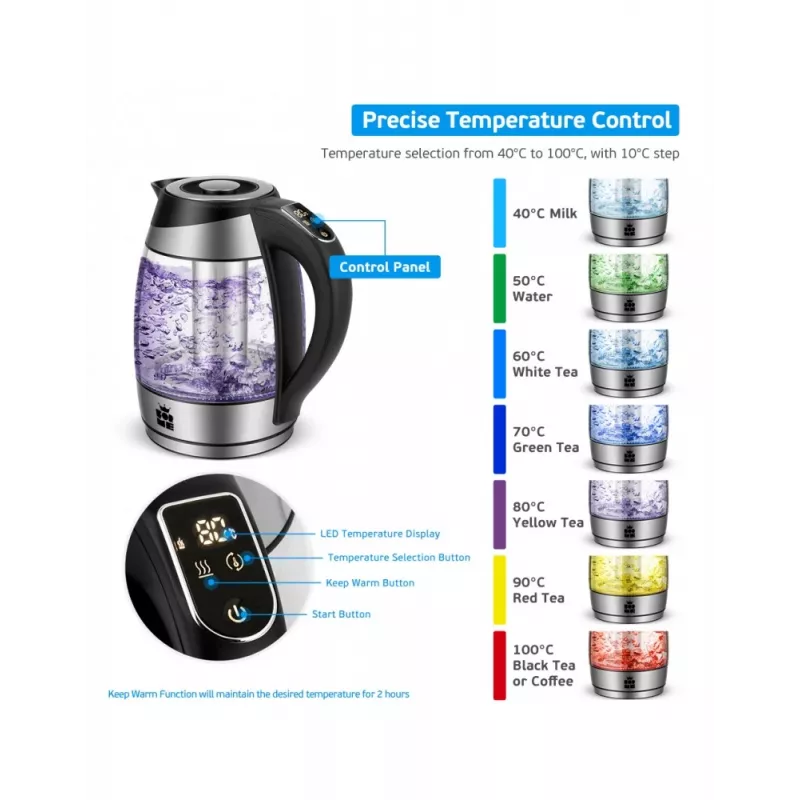 Forme FKG-448 hervidor eléctrico de cristal, 1,8 l, 2200 W, control de temperatura, gris