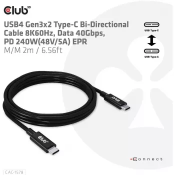 CLUB3D Cable USB4 Gen3x2 Type-C bidireccional 8K60Hz, Datos 40Gbps, PD 240W(48V/5A) EPR M/M 2m / 6.56ft