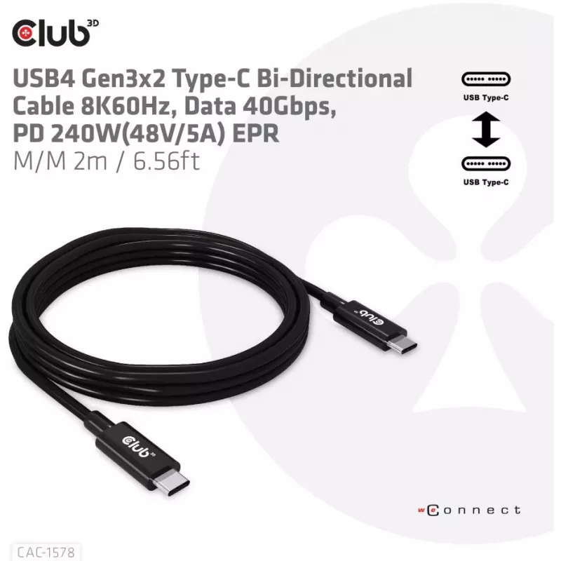 CLUB3D Cable USB4 Gen3x2 Type-C bidireccional 8K60Hz, Datos 40Gbps, PD 240W(48V/5A) EPR M/M 2m / 6.56ft