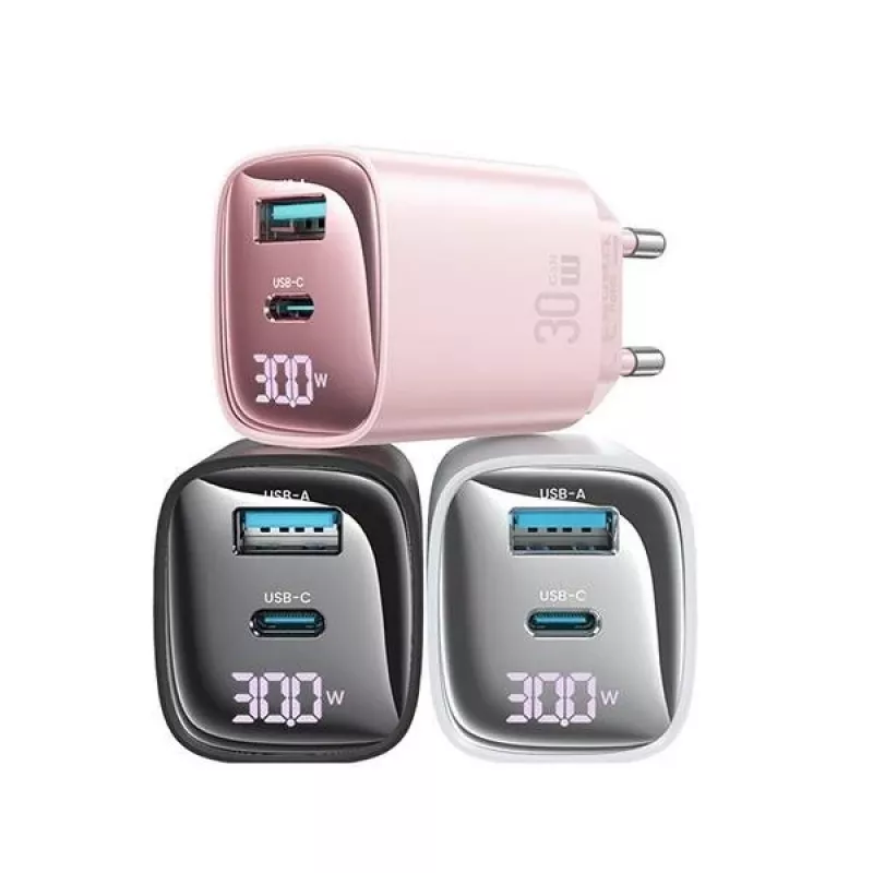 Cargador rápido GaN USB y USB-C 30W usams CC229 blanco — indicador LED, diseño compacto