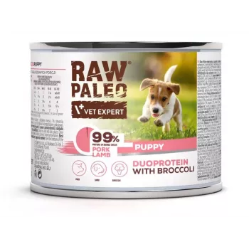 Comida húmeda para perros VETEXPERT RAW PALEO Duoprotein cerdo y cordero Puppy 200 g, sin gluten ni soja, humedad 81 %