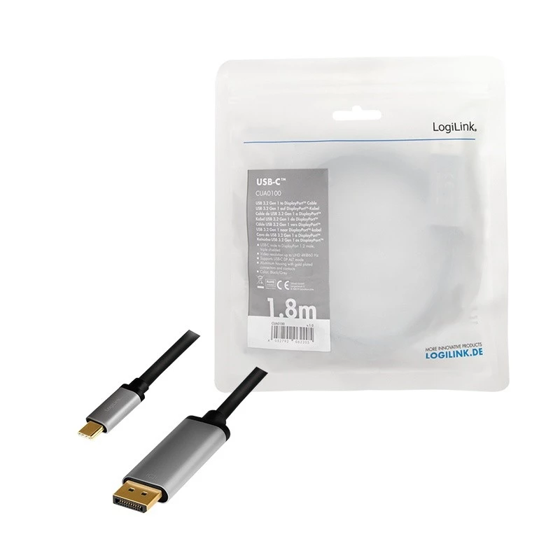 LogiLink CUA0100 Adaptador de cable DisplayPort USB 3.2 Gen1 Type-C 1,8m Negro Gris