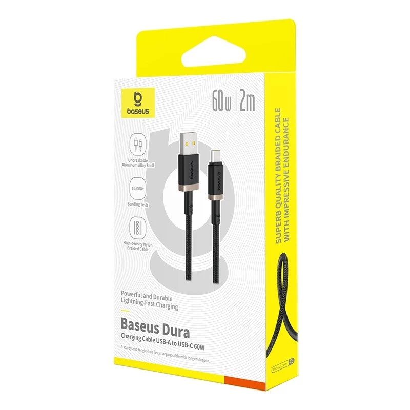 Baseus Dura Cable de carga rápida USB Type A a tipo C 60 W 2 m Negro, Oro