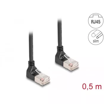 Cable de red DeLOCK RJ45 Cat.6A S/FTP delgado 90° hacia arriba 0,5 m Negro
