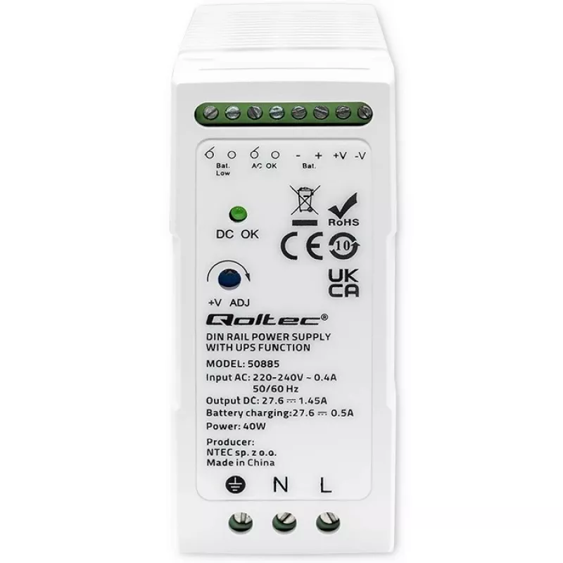 Qoltec 50885 Fuente de alimentación estable para carril DIN con función SAI | 40W