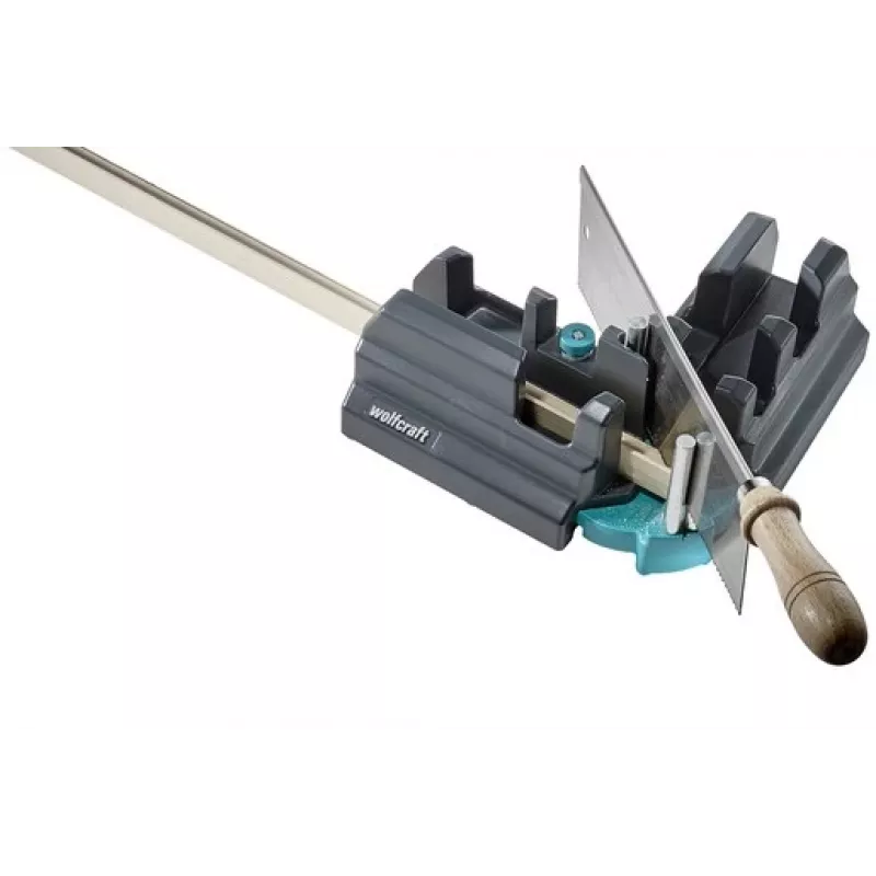 Caja de ingletes y tope Wolfcraft 6948200 — guía de ingletes, rango de medición 85–180°, para tablas de hasta 3 cm, negra