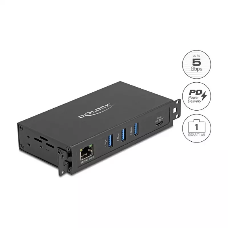 Hub USB DELOCK 3 puertos 5 Gbit/s con RJ45 Gigabit PoE++ y host USB Type-C, carcasa de metal, aislamiento de 1,5 kV, negro