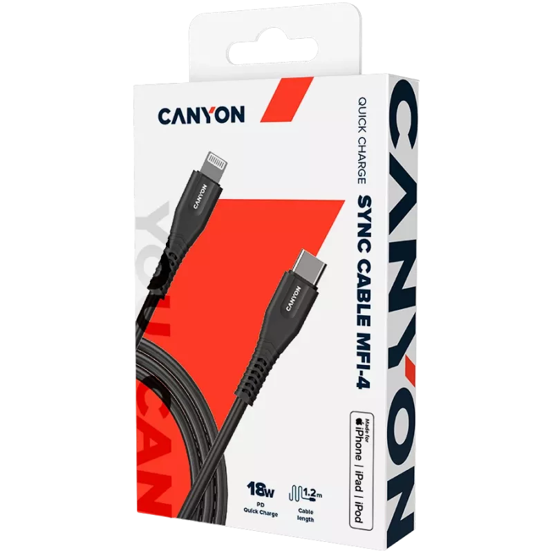 CANYON Cable MFI-4 Type-C a Lightning 1,2m Negro