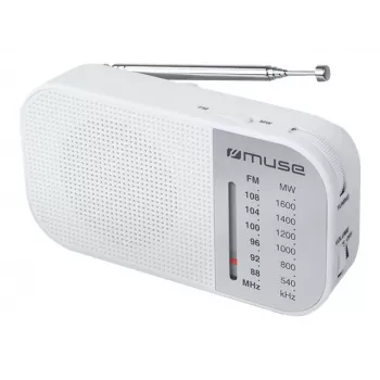Radio portátil Muse M-025 RW — FM/AM analógica, blanca, a pilas, antena externa