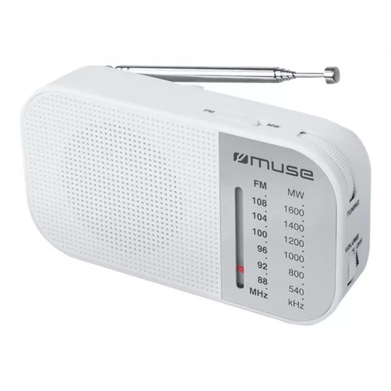 Radio portátil Muse M-025 RW — FM/AM analógica, blanca, a pilas, antena externa