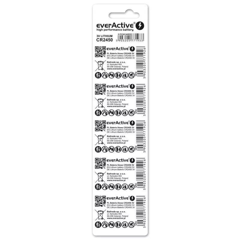 Pila de botón de litio everActive CR2450, 3 V, 5 mm de altura — pack de 5