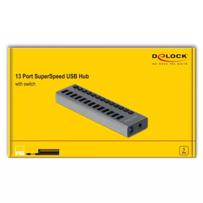 DeLOCK hub externo USB 5 Gbit/s con 13 puertos + interruptor, USB 3.2 Gen 1 (3.1 Gen 1) Type-B, USB 3.2 Gen 1 (3.1 Gen 1) Type-A, 5000 Mbit/s, gris, aluminio, 1 m