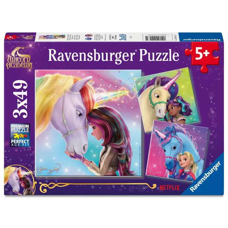 Puzle Ravensburger Unicorn Academy – 3 x 49 piezas, set para niños