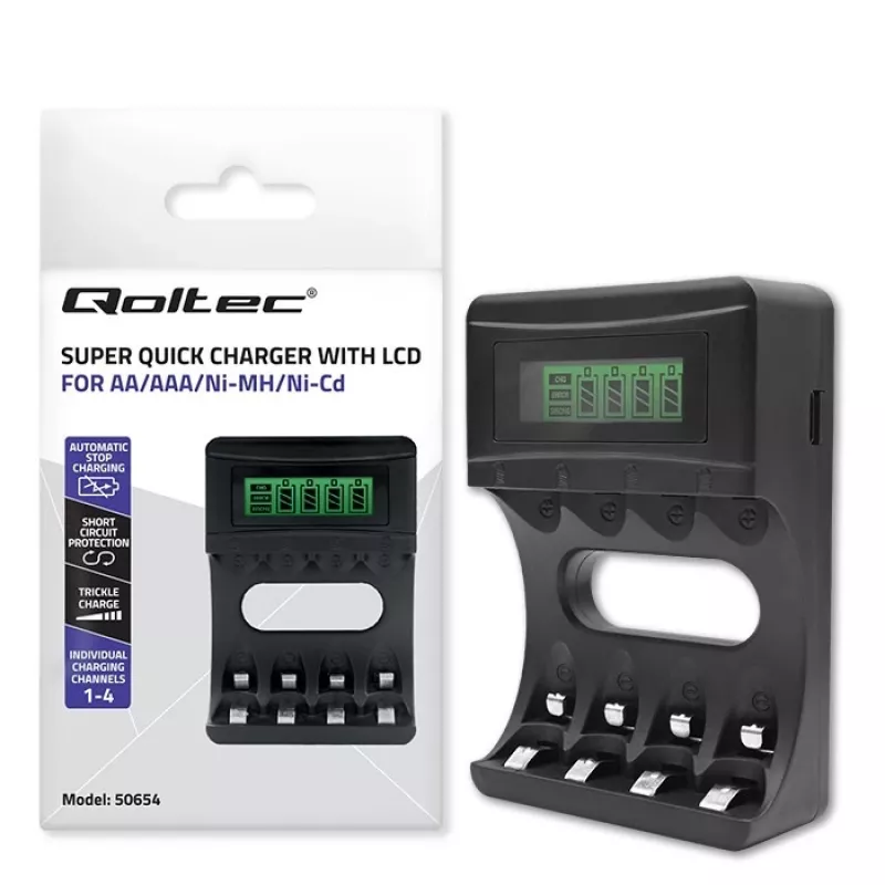 Cargador de baterías QOLTEC 50654 para baterías Ni‑MH R03 (AAA) y R6 (AA), 1800 mA