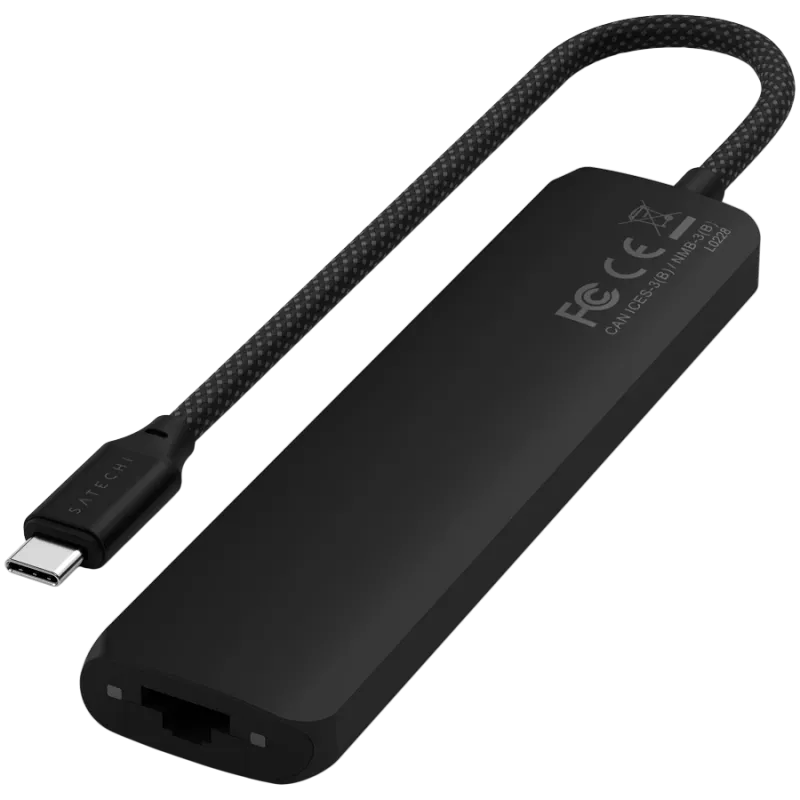 Adaptador multipuerto Satechi 7 en 1 USB-C Slim Ethernet (USB-C PD, 2x USB-A, HDMI 4K, Ethernet, lector de tarjetas micro/SD) (negro)