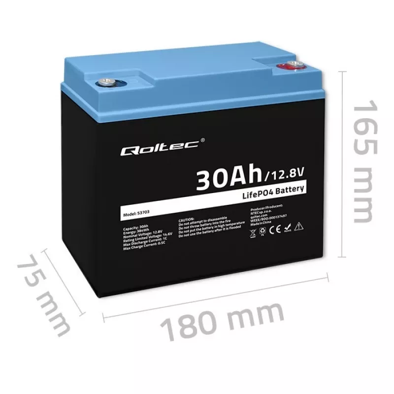 Batería LiFePO4 recargable QOLTEC 12,8V 30Ah 384Wh con BMS