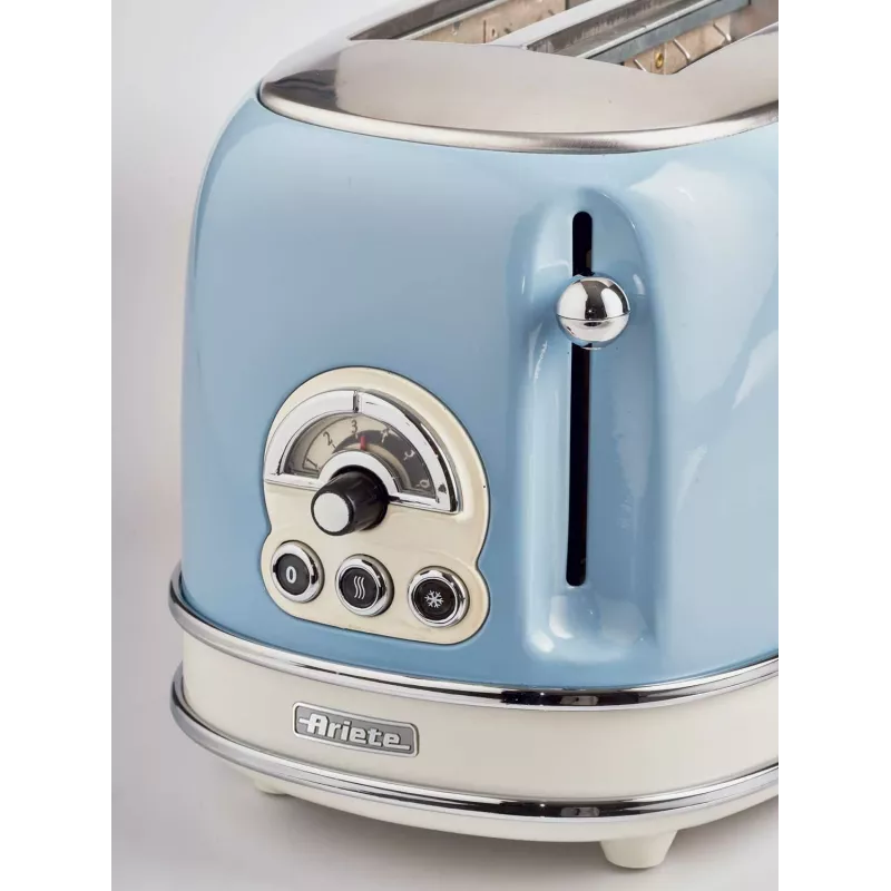 Tostadora Ariete 155 Design 2 rebanadas con cestas para sándwich, 6 niveles de tostado, 810 W, carcasa de acero inoxidable, bandeja recogemigas extraíble, azul pastel