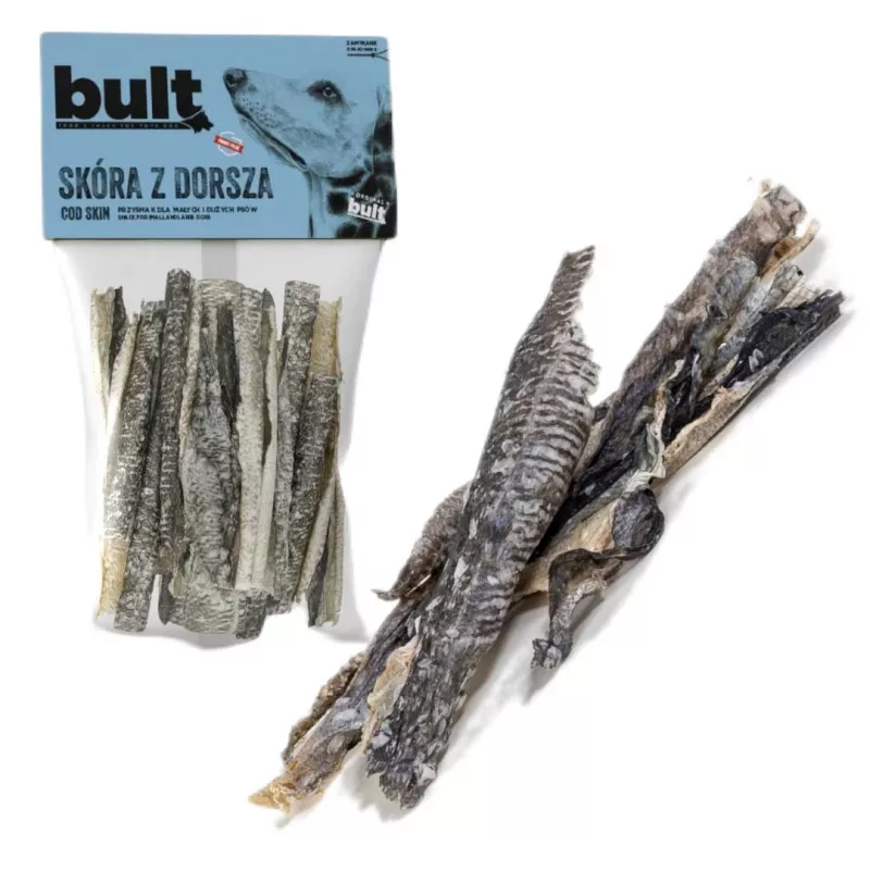 Snack para perros BULT piel de bacalao 50 g — snack de pescado de un solo ingrediente, 87,3 % proteína, sin cereales, perros adultos