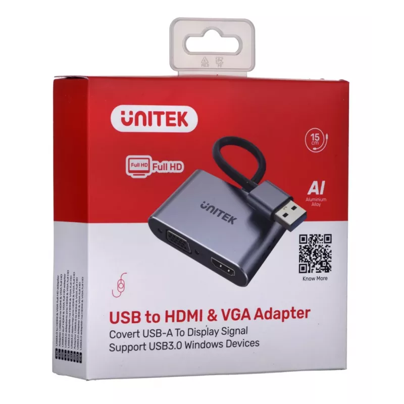 Adaptador de cable de vídeo UNITEK V1304A 0,15 m USB Type-A HDMI + VGA (D-Sub) Gris