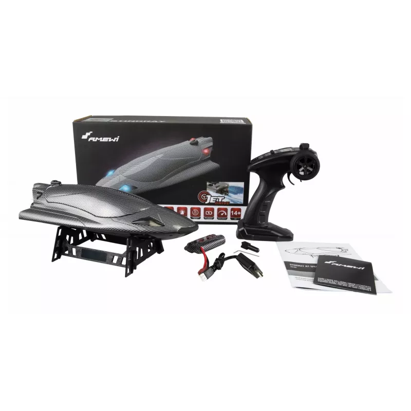 Lancha rápida radiocontrol Amewi Stingray Jet Drive 335mm RTR, efecto carbono