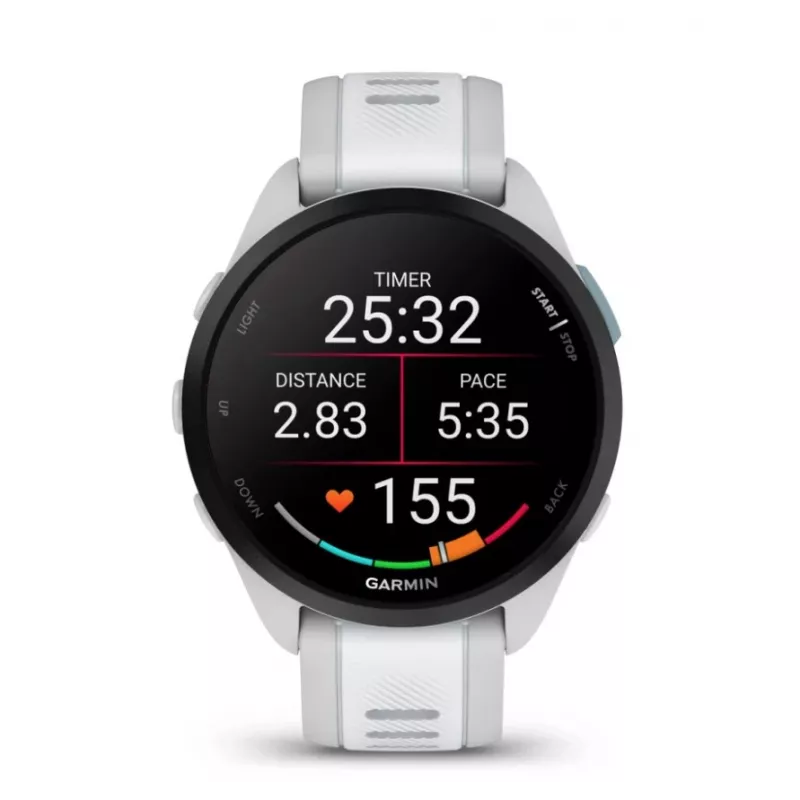 Smartwatch GARMIN Forerunner 165 — GPS, AMOLED 1,2 pulgadas, 4 GB, 5 ATM, 11 días de batería, Caja gris, Correa blanca