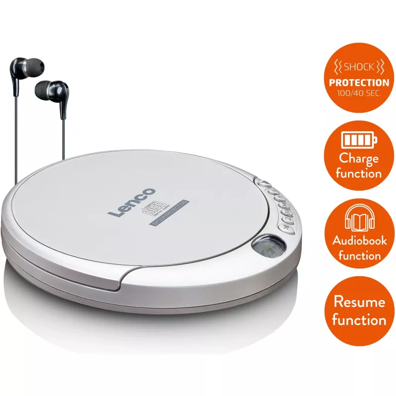 Lenco CD-201SI Reproductor de CD portátil con función de audiolibro y carga, plateado