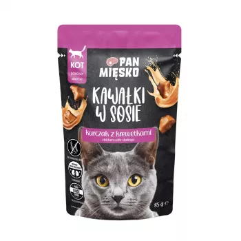 Comida húmeda para gatos Pan Mięsko Trozos en salsa — Pollo con gambas, 85 g, gatos adultos, humedad 81%
