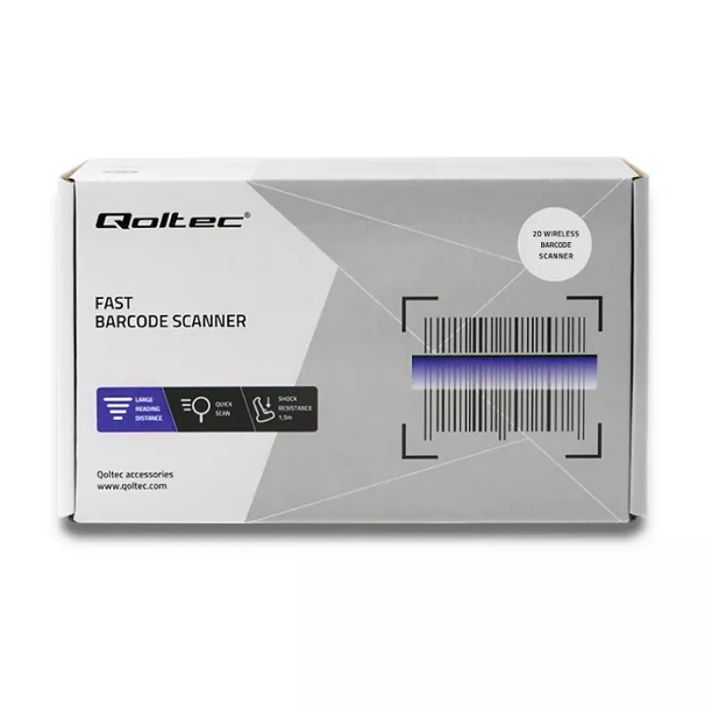 Lector de códigos de barras de mano QOLTEC 50868 — escáner láser 1D/2D, USB con cable e inalámbrico, distancia de trabajo 600 mm, negro