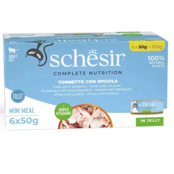 Comida húmeda para gatos Agras Pet Foods Schesir atún con lubina en gelatina, 6×50 g (300 g), adultos