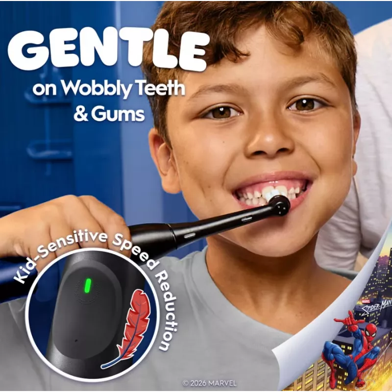 Cepillo de dientes eléctrico BRAUN Oral‑B iO Kids Marvel Spiderman — recargable, 3 modos, temporizador musical de 2 minutos, estuche de viaje, 1 cabezal, Litio‑Ion
