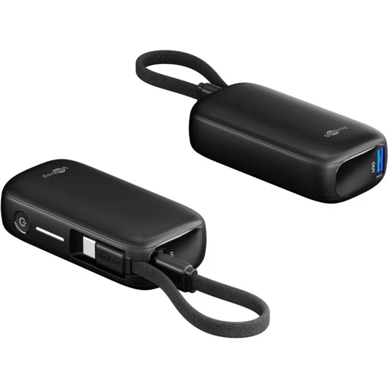 Batería externa 5.000 mAh, cable USB-C integrado de 13 cm, 20 vatios (negro, 5 Ah, 1x USB-A, 1x USB-C, PD, QC)