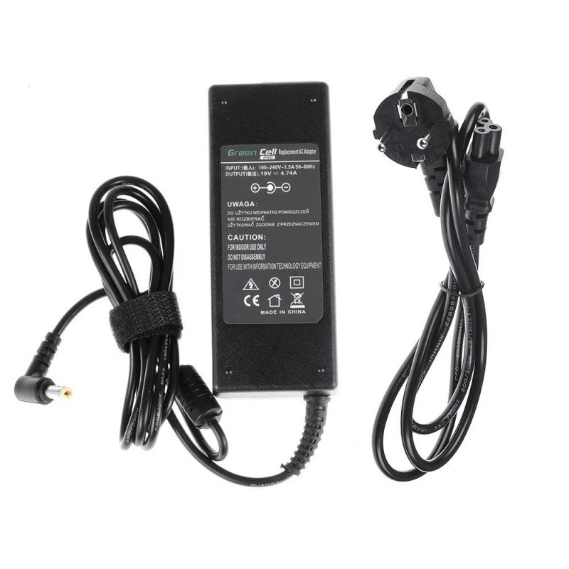 Adaptador de corriente para portátil Green Cell AD02P 90W 19V 4,74A de CA a CC para interior, negro