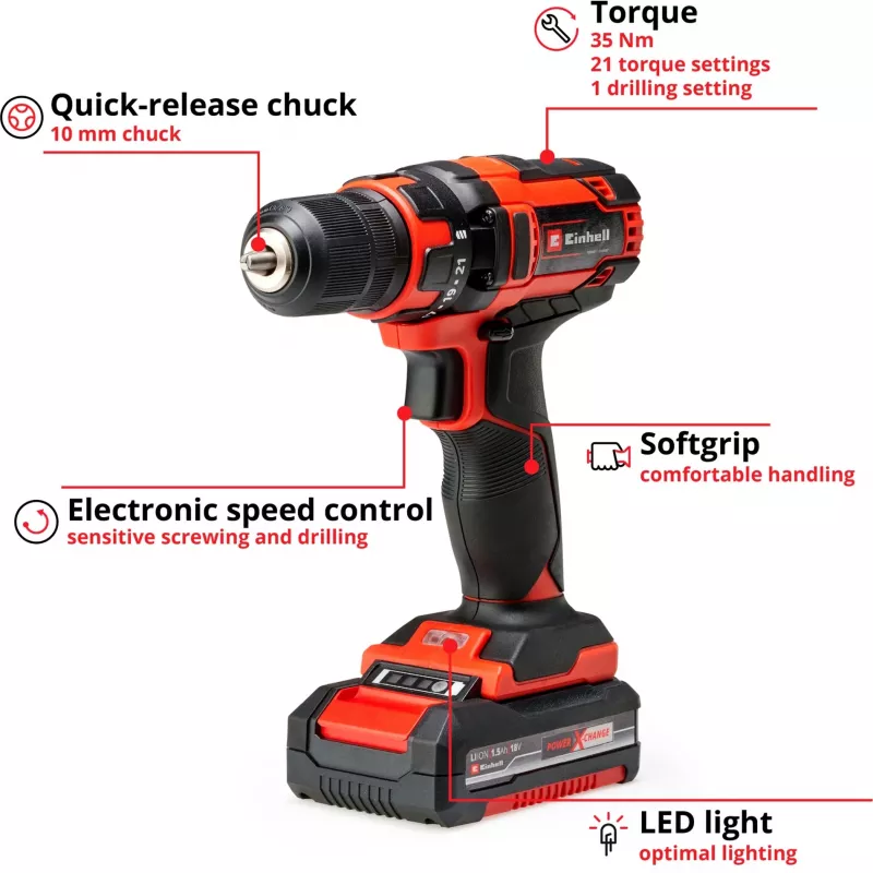 Atornillador a batería Einhell 4513914, 18V litio-ion, 185x63x188 mm