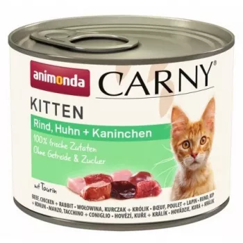 Comida húmeda para gatos animonda Carny TERNERA POLLO CONEJO 200 g lata — junior, 10,5 % proteína, 6,3 % grasa, 80 % humedad