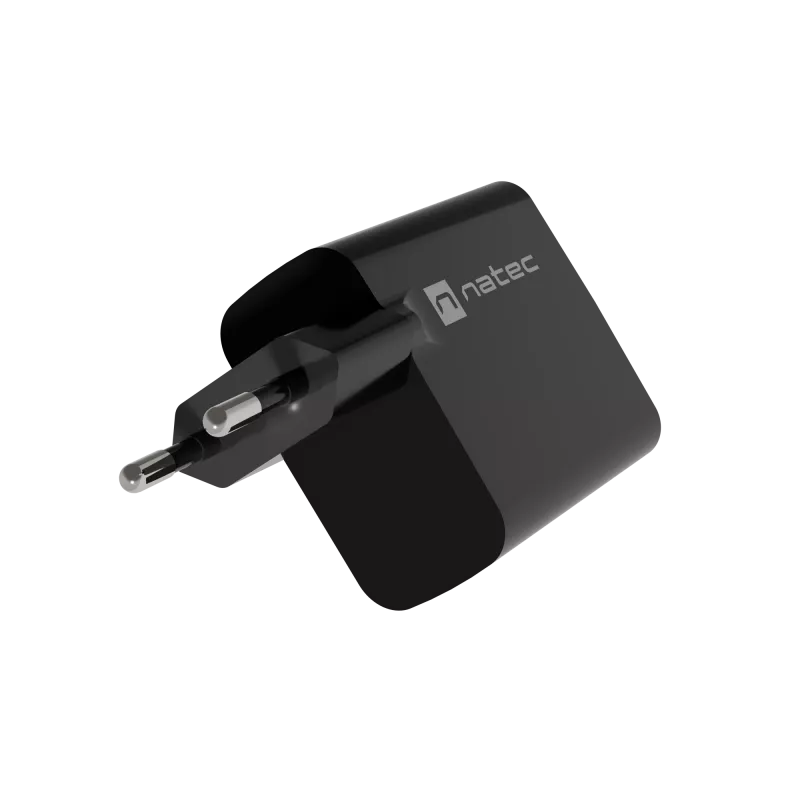 Cargador con cable para dispositivos móviles NATEC NUC-2145, 65 W, USB-C PD 3.0 + QC 3.0, 1x USB-C, 1x USB-A, 110–240 V, negro