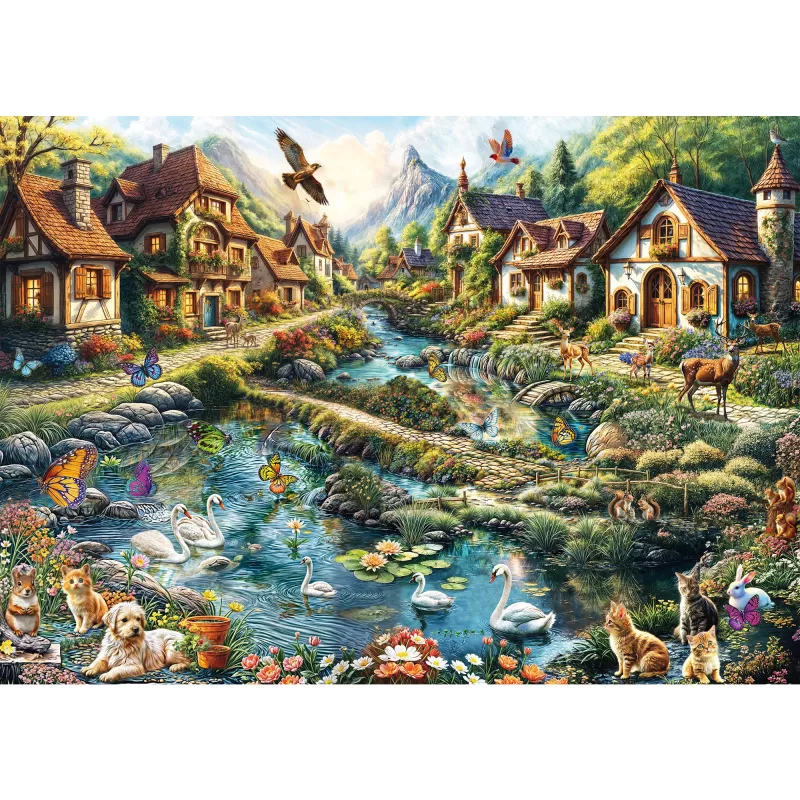Puzzle 1000 piezas, Schmidt Spiele Dorf am Waldrand, ilustración de paisaje