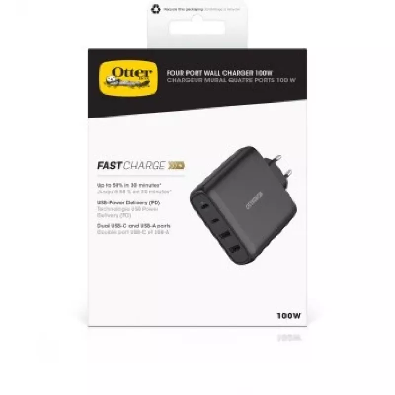 Cargador de pared OTTERBOX 78-81343 100W GaN con 2× conectores USB-C y 2× USB-A