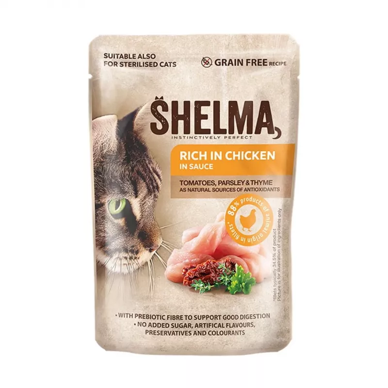 Comida húmeda para gatos SHELMA sobres con salmón, bacalao, pollo y ternera en salsa 12×85 g, gatos adultos, alimento completo